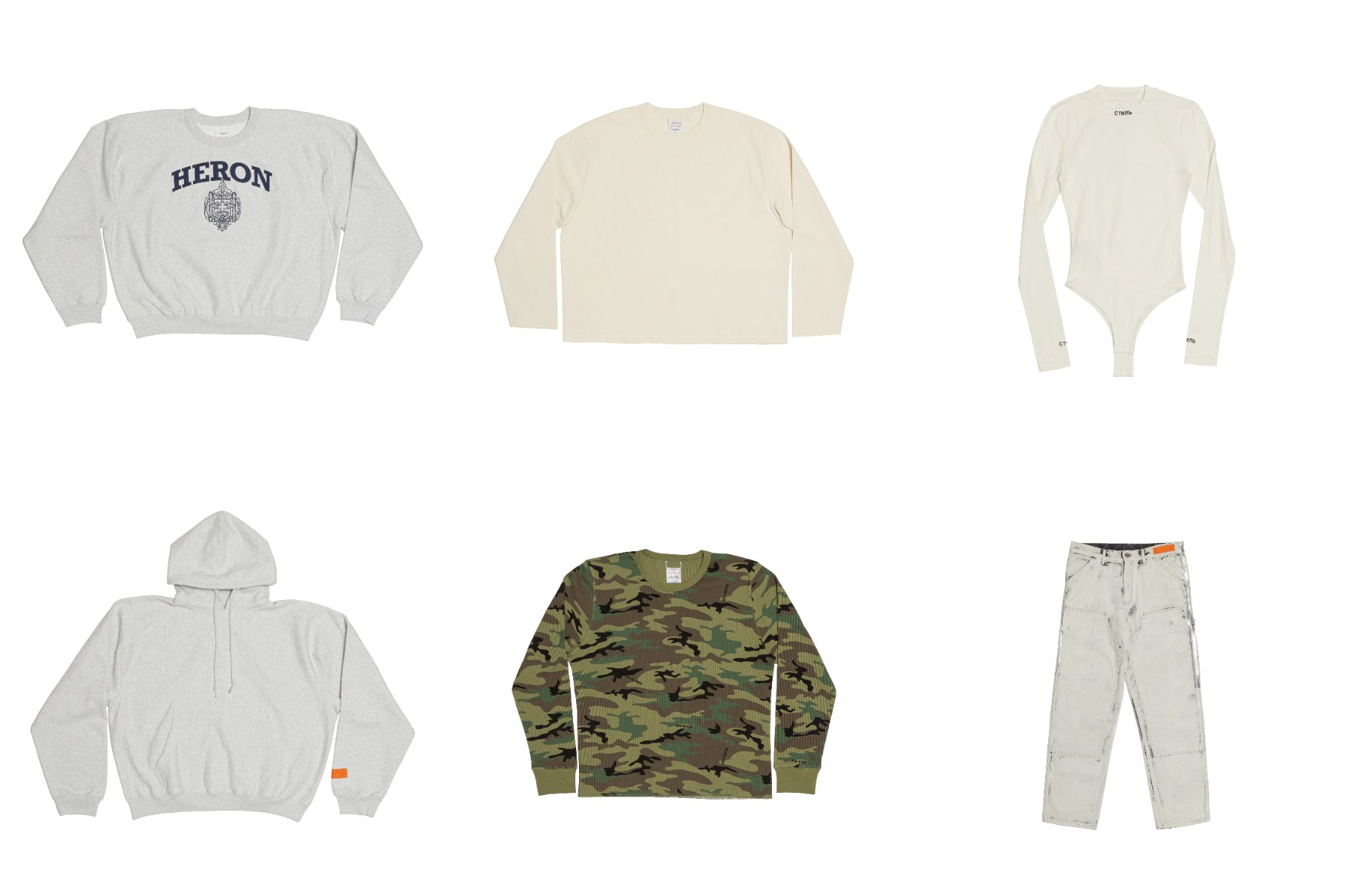Grid of six Heron Preston product shots from heronpreston.com — long sleeve, bodysuit, crewneck, hoodie, waffle shirt, carpenter pant